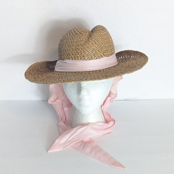 Cottage Core Straw Hat Neck SPF Scarf Sun Beach Coastal Boho Wide Brim - Picture 6 of 7